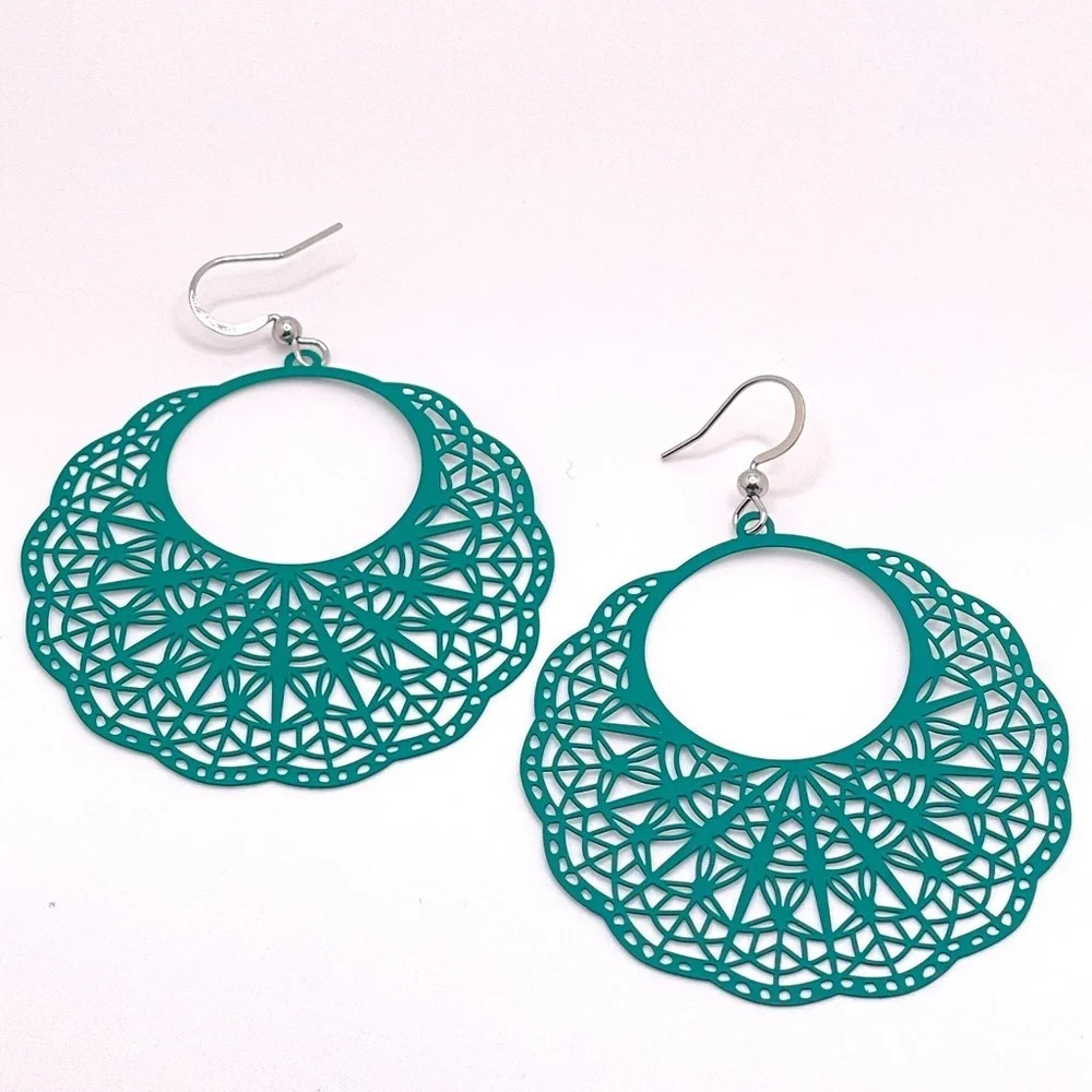 Dark Green Bohemian Dangle Hoop Big Flower Earrings